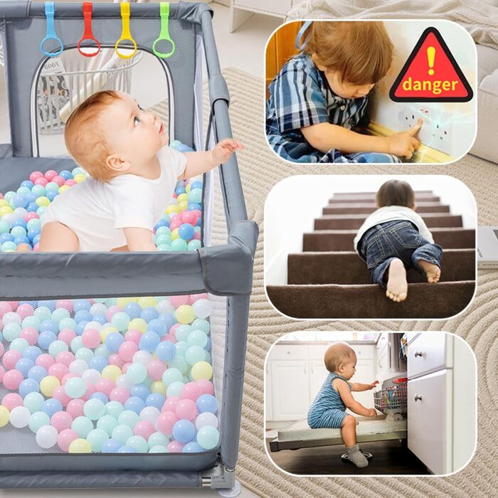 Дитячий манеж GLOKID 150 x 180 см з м'якими захисними елементами та сіткою, з м'ячиками та кільцями для малюків