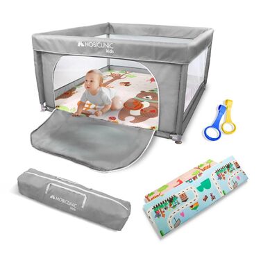 Дитячий манеж Mobiclinic Kids з ігровим килимком, складаний, 125x125 см, з бічним входом, сірий, дихаюча сітка, переносна сумка, без запаху, легко миється, безпечний