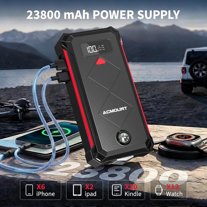 Бустер-пусковий пристрій Acmount P110 7000A Jump Starter для авто, SUV, мотоциклів та газонокосарок (бензин до 12л, дизель до 10л) з LED-ліхтарем, компасом та аварійним молотком, червоний