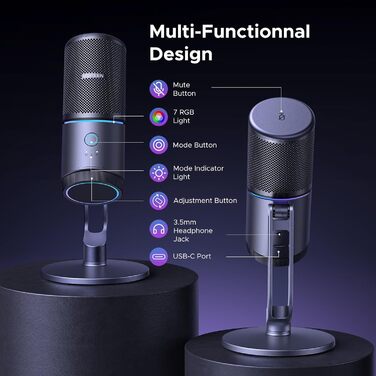 UGREEN ігровий USB-мікрофон з RGB-підсвічуванням, 24bit/96kHz, кнопка вимкнення звуку, конденсаторний мікрофон для ПК, PS5/PS4, стрімінгу, ігор, подкастів, запису, ноутбука