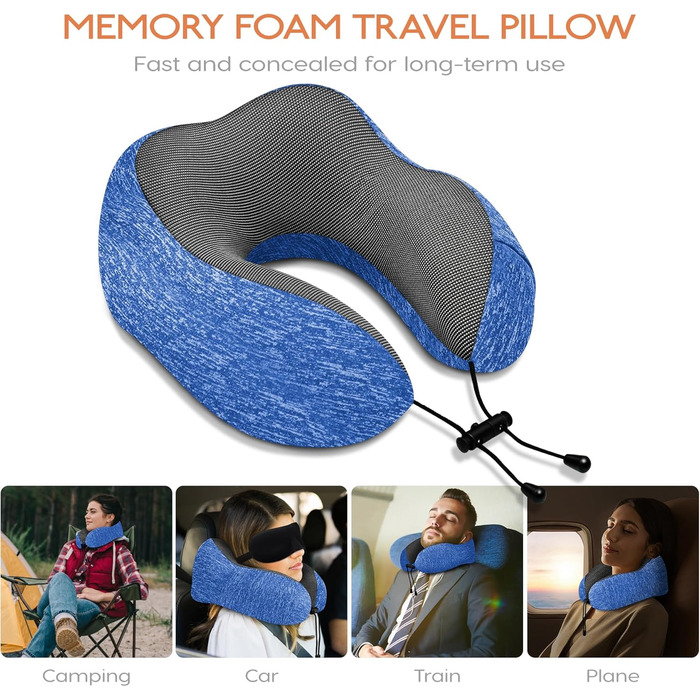 Подушка під шию для подорожей з ефектом пам'яті (Memory Foam) з 3D-маскою для сну та берушами, синя — ідеальна для літака, авто та офісу