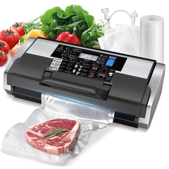 Вакууматор MZROT для продуктів харчування, -95кПа, 230Вт, з подвійним швом, 10 режимів (сухий/вологий), вбудованим різаком, чорно-сріблястий (в комплекті рулон та 15 пакетів)