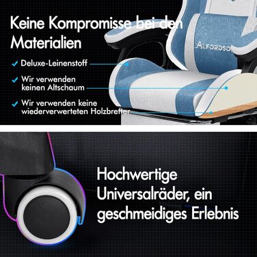 Ігрове крісло ALFORDSON з LED-підсвіткою, 8-точковий масаж, ергономічне крісло для геймерів з RGB, люмбарна та головна підтримка, текстиль, блакитно-біле