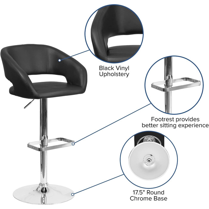 Барний стілець Flash Furniture, регульований по висоті, металевий, хромована основа, чорний вініл, 58,4×57,2×37,5 см