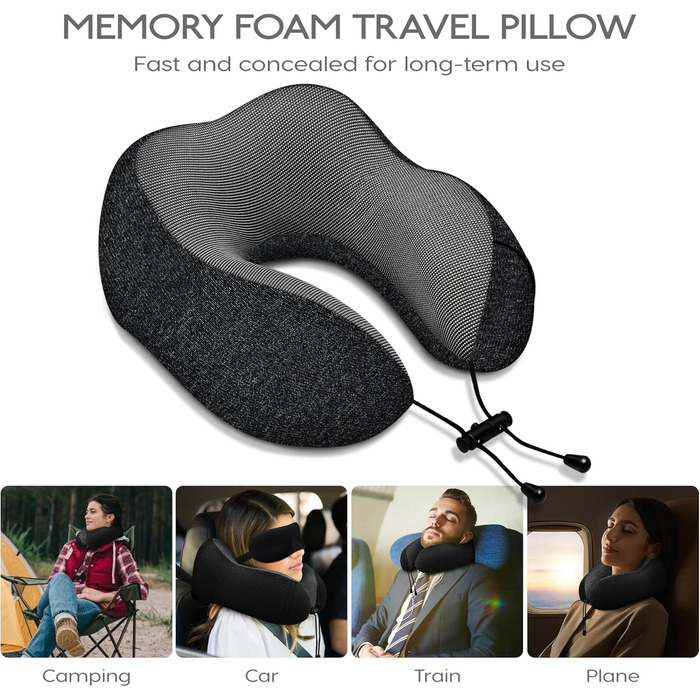 Подорожня подушка під шию з ефектом пам'яті (Memory Foam) для літака та авто, чорна, з 3D-маскою для сну та берушами