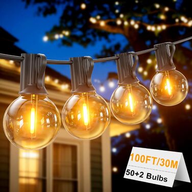 Ланцюжок прикрас для зовнішнього використання на струмі з 25+2 LED-лампочками G40, 2700K, тепле біле світло, IP65, вологостійкий, для саду, тераси, свят (чорний, 30 м)