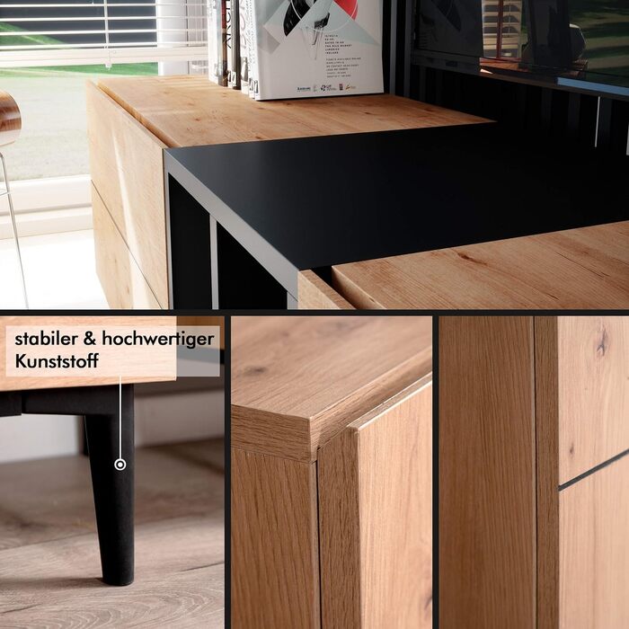 ТВ тумба Newfurn чорна дика дуба, вінтаж індастріал, 195x48x37 см, тумба під телевізор у вітальню