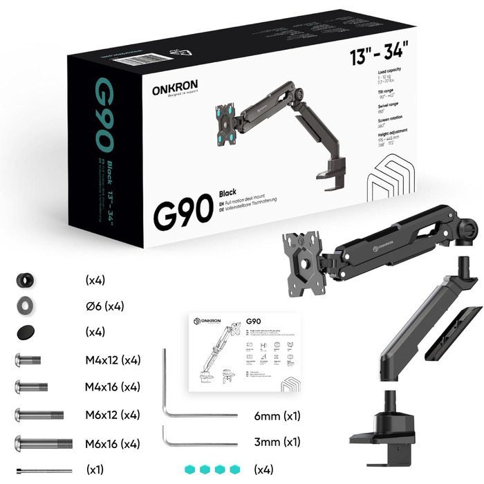 Кріплення для монітора ONKRON G90-B: регульована підставка для монітора 13-34 дюймів, до 10 кг, VESA 75x75-100x100, чорний