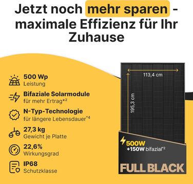 Сонячна панель Solakon 500W Bifacial Glass-Glass N-Type, двосторонній фотоелектричний модуль Full Black для балкона та сонячних електростанцій (комплект 2 шт)
