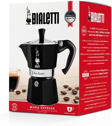 Bialetti Moka Color – Іконічна гейзерна кавоварка для плити, алюмінієва, 6 чашок (270 мл), чорна, для приготування справжньої італійської кави