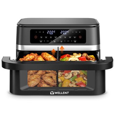 Аерофритюрниця WELLENT 12L Dual Zone XXL - двокамерна фритюрниця з гарячим повітрям 2950W (6+6Л), з вікном перегляду, функціями Match & Sync та нагадуванням про струшування, придатна для посудомийки