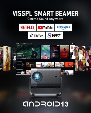 Смарт-проектор VISSPL 4K Full HD 1080P, 1000 ANSI люмен, WiFi 6, Bluetooth, автофокус та корекція трапецієподібних викривлень, для домашнього кінотеатру та використання на відкритому повітрі (Чорний)