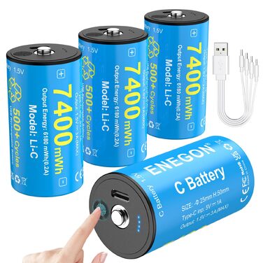 Акумулятори ENEGON C (LR14) 1.5V Li-Ion з USB-C для зарядки, 7400mWh, сині, 4 шт. в комплекті