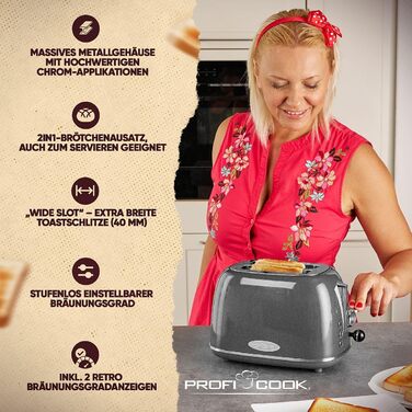 Тостер ProfiCook PC-TA 1193 на 2 тости, нержавіюча сталь, ретро дизайн, підставка для булочок, регульований ступінь підсмажування, антрацит