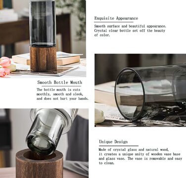Скляна ваза-циліндр Blumenvase, сучасна, ручної роботи, прозора, з дерев'яною основою, для квітів і рослин, декор для дому та офісу, подарунок на весілля чи новосілля, 31 см, сіра