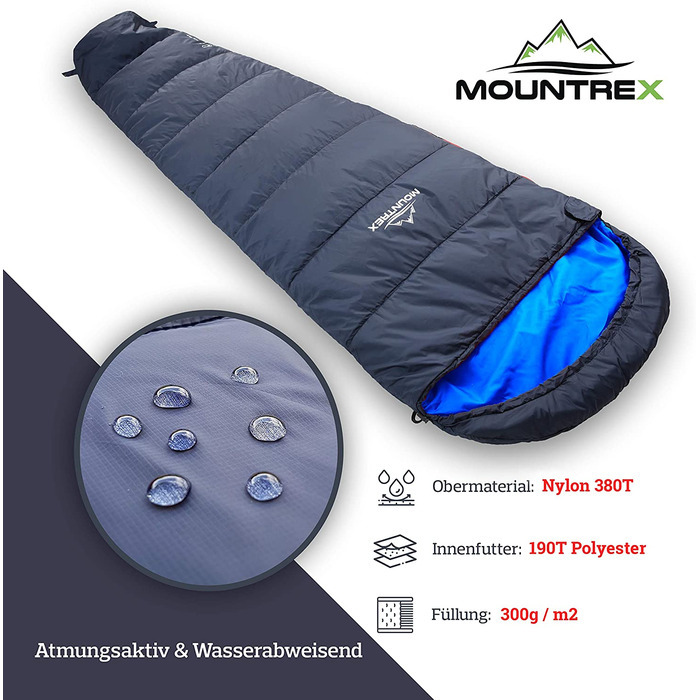 Спальний мішок MOUNTREX мумія 3 сезони, ультралегкий, 1500г, компактний, для кемпінгу та подорожей, синій, лівий замок