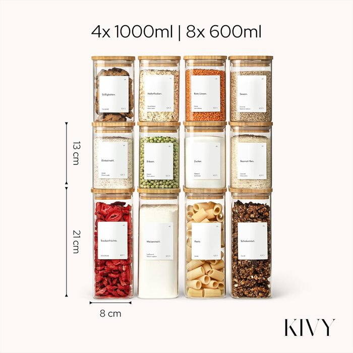 Набір скляних герметичних контейнерів для зберігання продуктів KIVY з бамбуковими кришками та етикетками, прямокутні, 12 шт.