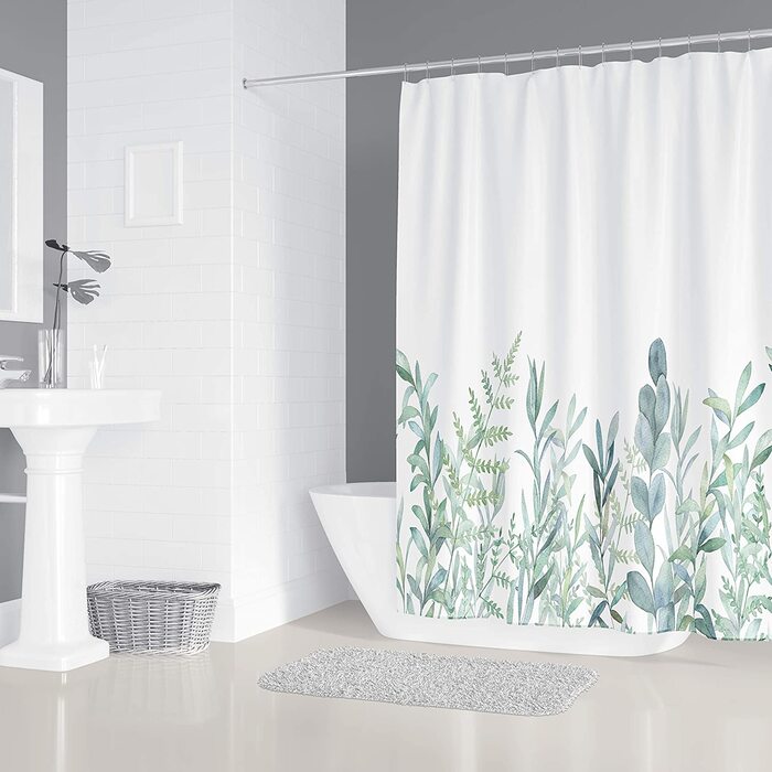 Текстильна шторка для ванної M&W DAS DESIGN з антипліснявим ефектом, зелене листя та квіти, 180x200 см, з 12 кільцями, для ванної кімнати, водонепроникна, прана