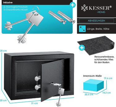 Сейф KESSER для меблів із подвійним борідковим замком, чорний, 30x20x20 см, сейф для грошей, настінний і підлоговий, 2 ключі, кріплення