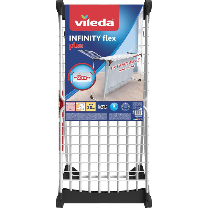 Сушарка для білизни Vileda Infinity Flex Plus, розсувна до 2 м, 30 м трос, високі крила XXL, тримачі для дрібних речей, еко-упаковка, біло-чорно-червона