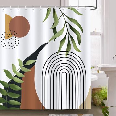 Штора для душу Bonhause Boho з абстрактними листям, сучасна мінімалістична, коричнева, 180x180 см, водонепроникна, антигрибкова, поліестер, прана, з 12 гачками для ванної кімнати
