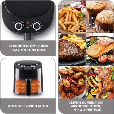 Аерофритюрниця GOURMETmaxx 4,5 л, 1400 Вт, 8 програм, LCD-дисплей, таймер, сталева, чорна – електрична фритюрниця для здорового приготування без олії