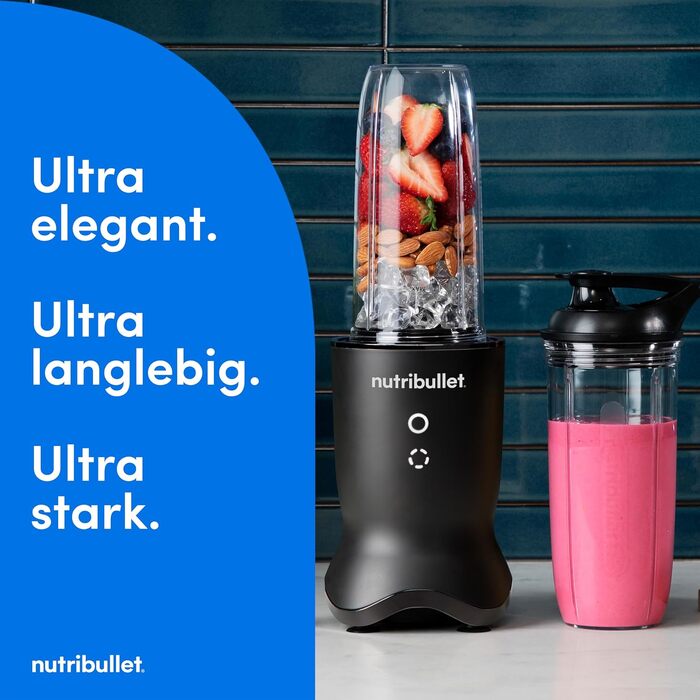 Nutribullet Ultra NB1206MB: Електричний блендер для смузі з глечиками Tritan, 900мл + 700мл, 2 кришки To-Go, 1200 Вт, сірий