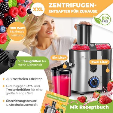 Електрична соковитискачка KESSER® Zentrifuge з нержавіючої сталі, 1100W, велика трубка для завантаження, 3 швидкості, сірий/сріблястий колір