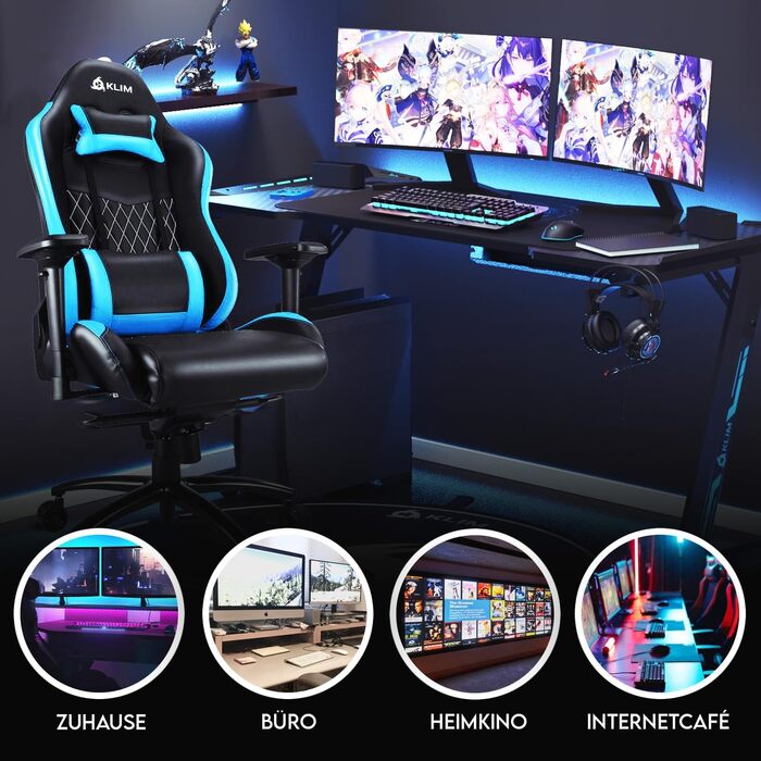 Ігрове крісло KLIM Esports, ергономічне, з підлокітниками, поперековою і шийною підтримкою, регульоване, штучна шкіра, преміум-матеріали, синє, 2024