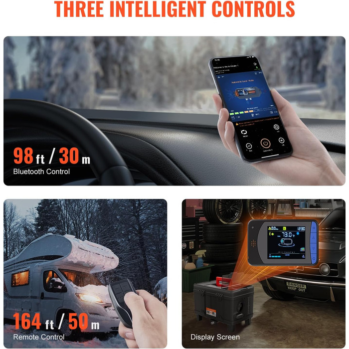 Дизельний обігрівач VEVOR 8 кВт 12/24 В з Bluetooth, пульт, дисплей, CO-датчик, горизонтальний, портативний