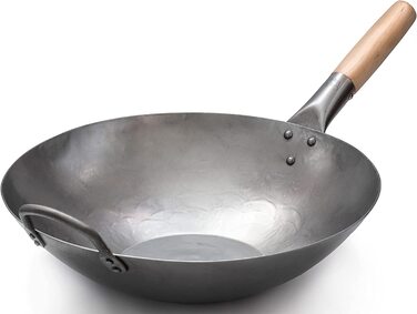 Професійний вок Craft Wok 35,6 см, плоске дно, ручна ковка, вуглецева сталь, дерев'яна та сталева ручка