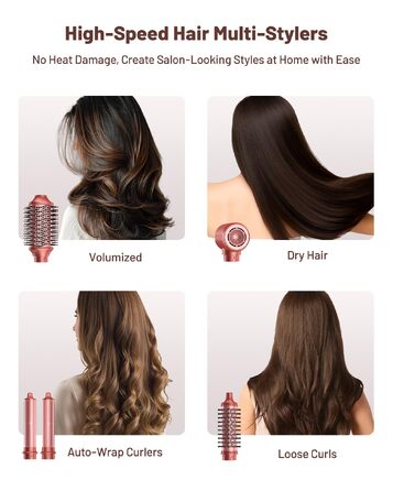 HITTIONA 5-в-1 Airstyler + Фен-щітка для волосся з іонізацією 110 000 об/хв, Автоматичний локон, Без термопошкоджень, Швидке сушіння та об'єм, Професійний стайлер для всіх типів волосся + Чохол для подорожей, Колір: Вишнево-червоний