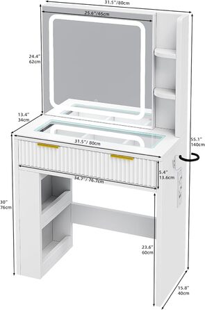 Дзеркальний туалетний столик YITAHOME з LED-підсвічуванням, білий, 40 Г x 80 Ш x 140 В см
