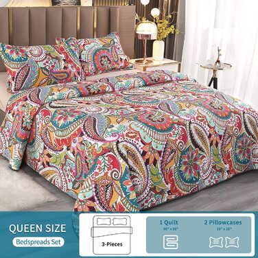 Покривало Qucover Boho 230x250 см з наволочками, бавовняне, кольорове стьобане для двоспального ліжка, стиль Пейслі