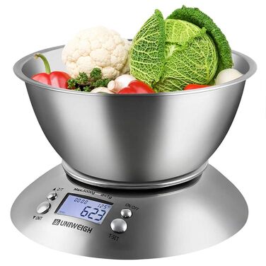 Цифрова кухонна вага UNIWEIGH з нержавіючої сталі, знімна чаша 2,15 л, LCD-дисплей, таймер, вимірювання в грамах і унціях, для приготування їжі, випічки та дієти, до 5 кг (11 фунтів)
