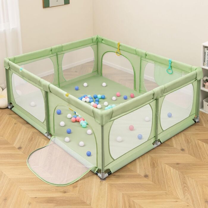 Дитячий ігровий манеж COSTWAY 189x158 см, з 50 кульками, 4 ручками та 4 дверцятами на блискавці, дихаюча сітка, зелений, без матраца