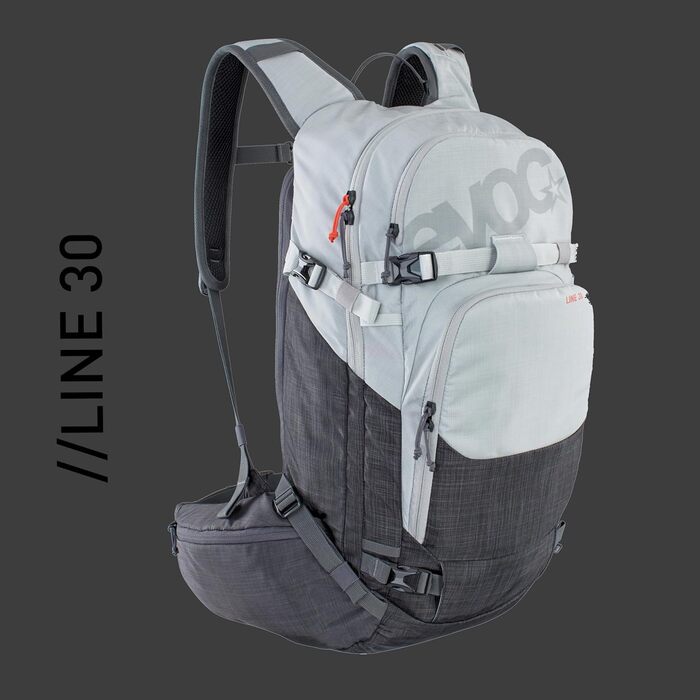 Рюкзак для гірськолижників EVOC LINE 30 All-Mountain, система NEURALITE, кріплення для лиж, окреме лавинне відділення з планом дій, легкий доступ до основного відділення, ергономічна посадка, універсальний розмір, сріблясто-карбоновий меланж