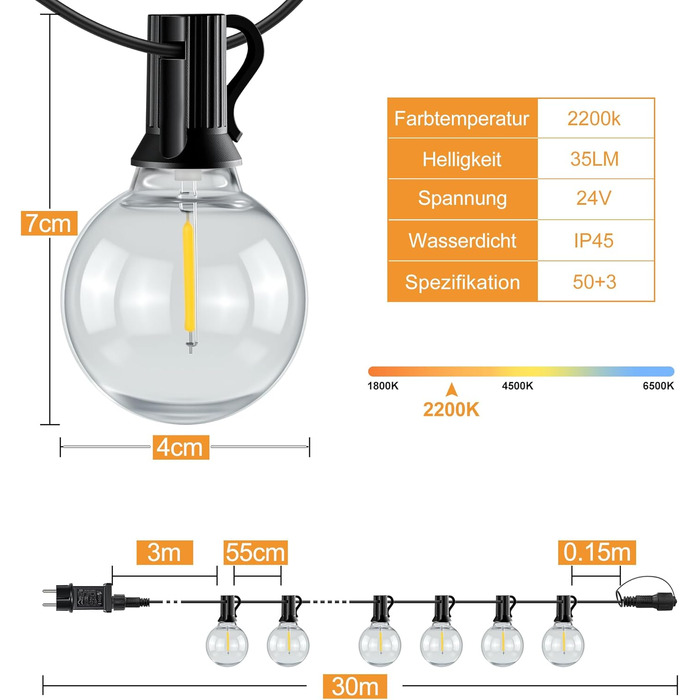 LED гірлянда вулична HeiPard 30м, 53 лампи G40, з пультом, таймером, димером, водонепроникна для саду, тераси, весіль