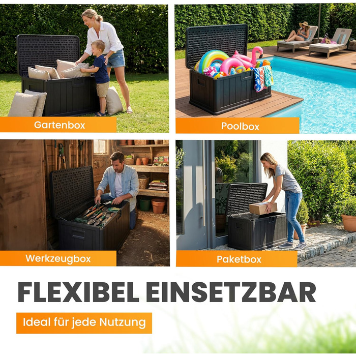 Водонепроникний садовий ящик Gartenbox 375L чорний - велика коробка для зберігання речей на вулиці, для подушок, садових меблів, посилок