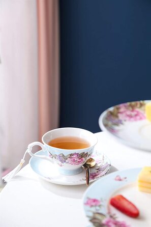 Чашка та блюдце з порцеляни Shabby Chic 19,1 см, десертна тарілка, синя, з пташкою, метеликом і квітами у подарунковій коробці, вінтажний стиль