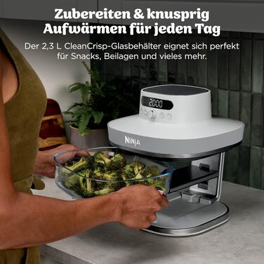 Скляна аерофритюрниця Ninja CRISPi PRO XL Air Fryer з 5 функціями, контейнерами CleanCrisp (5,7 л та 2,3 л) та кришкою для зберігання, біла, AS090EUGN