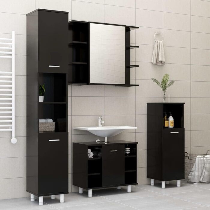 Шафа для ванної кімнати vidaXL, 6 відділень, 2 двері, чорна, 30x30x179 см, деревостружкова плита