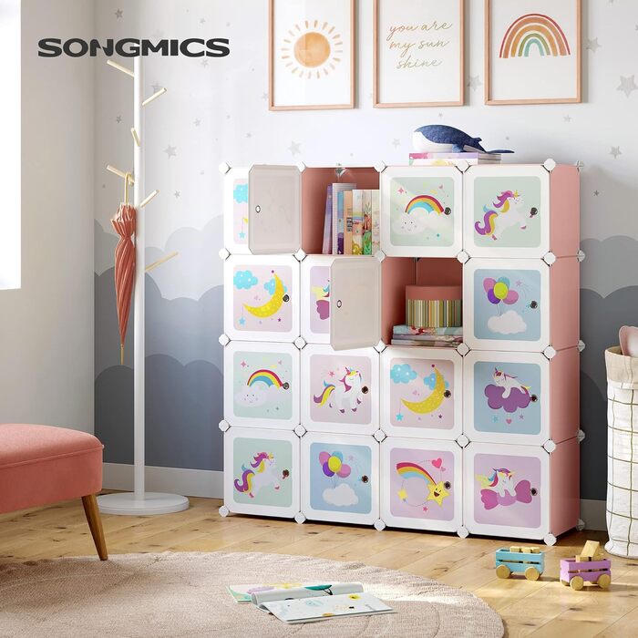 Модульна шафа SONGMICS на 16 секцій з дверцятами, пластикова, для дитячої кімнати, зберігання іграшок та взуття, 123x31x123 см, рожева