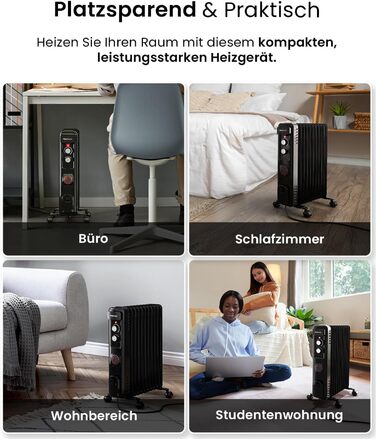 Електричний масляний радіатор Pro Breeze 2500W з 11 ребрами, таймер 24 год, 3 режими, термостат, захист від перегріву - чорний