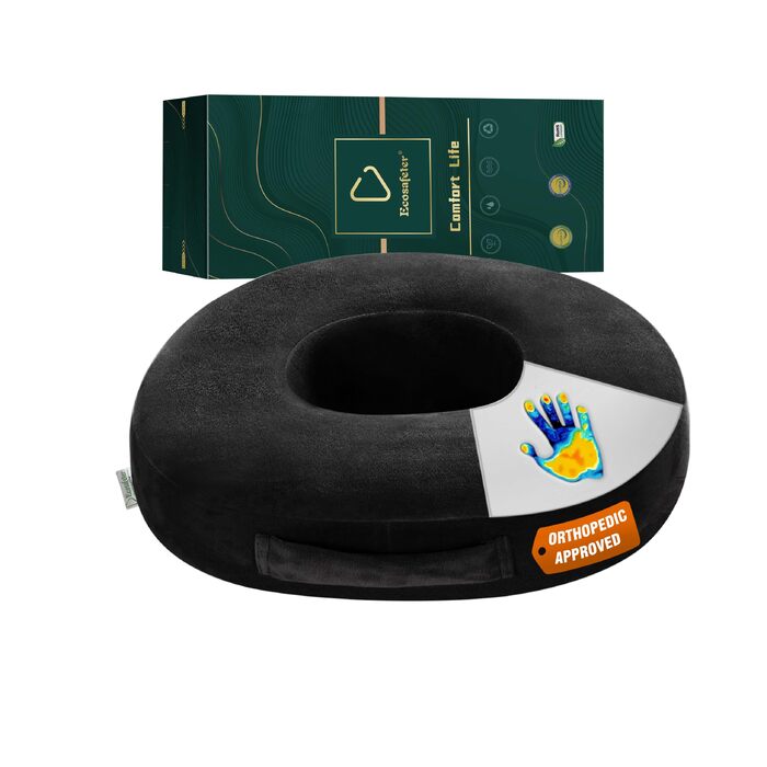 Подушка для сидіння Donut з отвором під куприк: ортопедична, для офісного крісла, вагітних, післяпологового періоду, при геморої та ішіасі, чорно-бірюзова