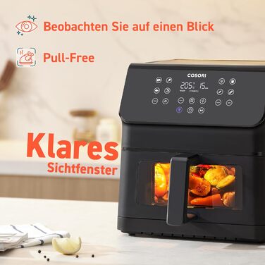 Фритюрниця повітряна COSORI Clear Blaze XXL 6,2 л, 12-в-1, з оглядовим вікном, Shake-Reminder, 80 рецептів, енергозберігаюча, чорна