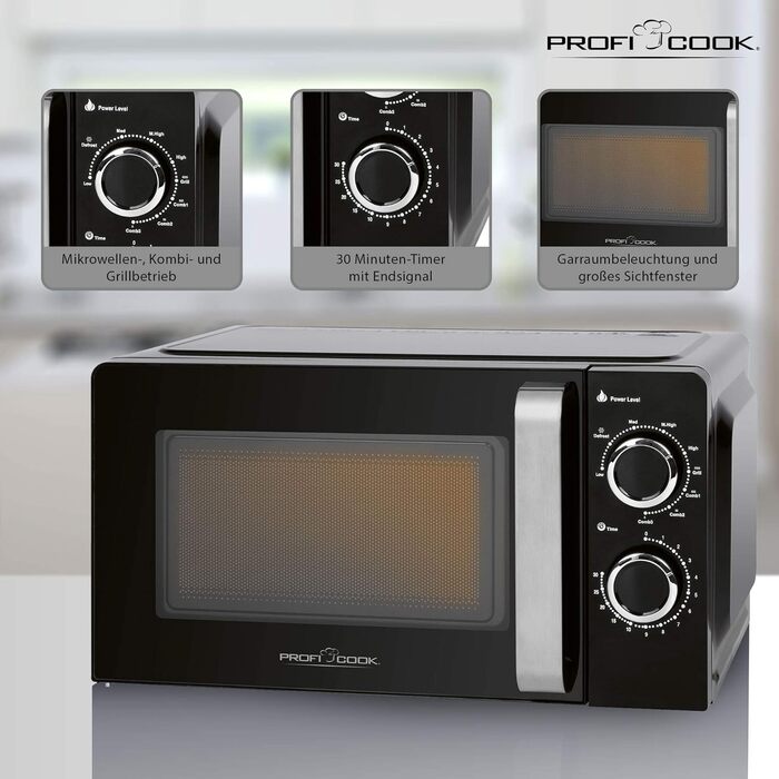 Мікрохвильова піч з грилем ProfiCook PC-MWG 1208, 17 л, 900 Вт гриль, 700 Вт мікрохвилі, 6 режимів, таймер 30 хв, чорна
