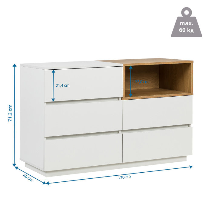 Комод-тумба MELMO S 120x40x76 см, 5 шухляд, білий/дуб, hjh LIVING