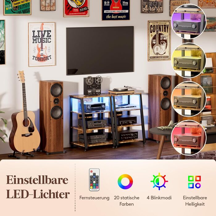 Аудіостійка Lifewit з 4 рівнями, LED-підсвіткою та розетками, дерев'яно-сталевий Hi-Fi стелаж із регульованими полицями для програвачів, стереосистем, 60x55x90 см