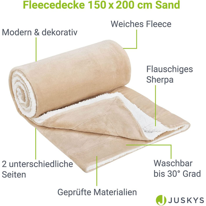 Плед Juskys з флісу та шерпи 150x200 см, теплий, м'який, праний, для ліжка та дивану, денна ковдра, плед-покривало, колір пісочний